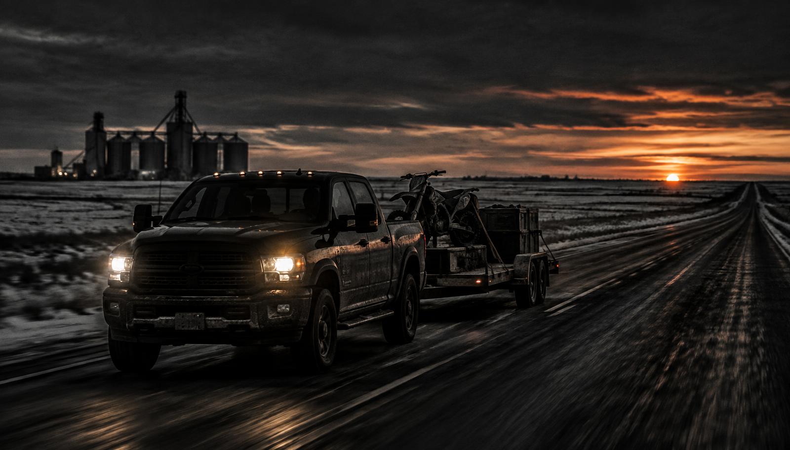 Pickup truck towing a loaded trailer down an empty prairie highway at dusk